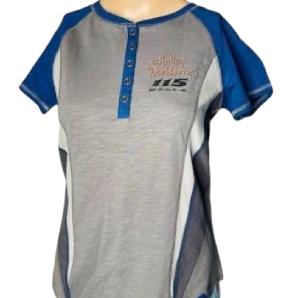 NWT Harley Davidson Tee Women Small 115TH Anniversary Moto Biker Mesh Inset Blue